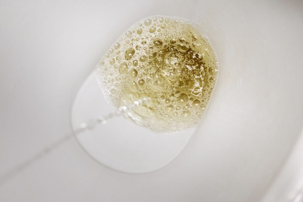 Close-up view of foamy urine in a toilet bowl, showing bubbles on the surface.