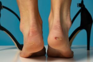 Close-up of a foot blister on the heel caused by friction, showing a fluid-filled bubble and irritated skin