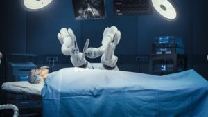 How robotics in minimally invasive cardiac surgery speeds recovery 1 Robotic system assisting a surgeon during minimally invasive cardiac surgery, showing advanced heart surgery technology and precision