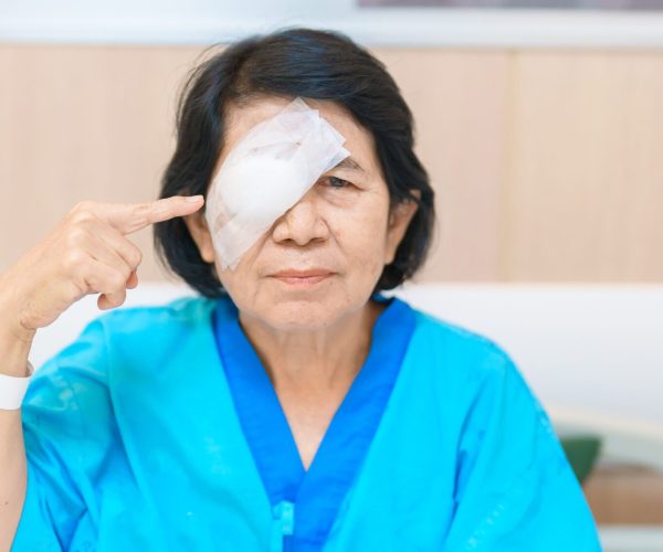 Elderly,Woman,With,Eye,Protective,Shield,After,Eye,Surgery.,Eye